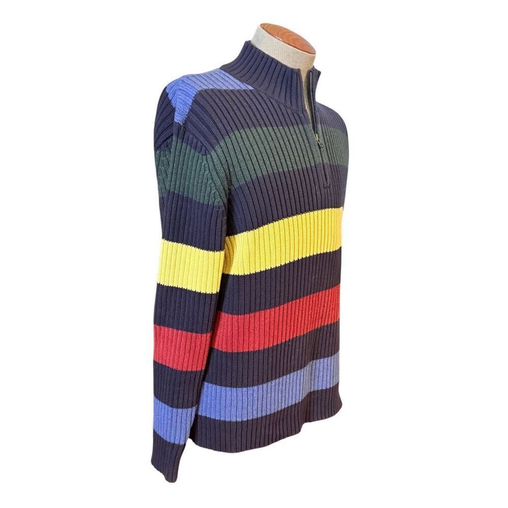Lands End Quarter Zip Color Block Stripe Sweater Mock Neck Sz. XL Preppy - Picture 5 of 12